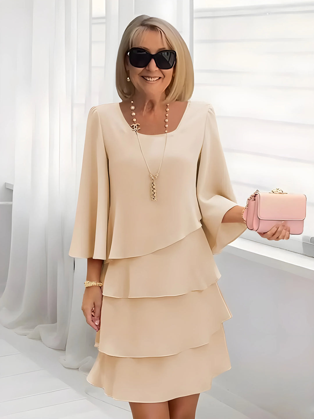 Women's Elegant A-Line Midi Wedding Guest Dress with Bell Sleeves