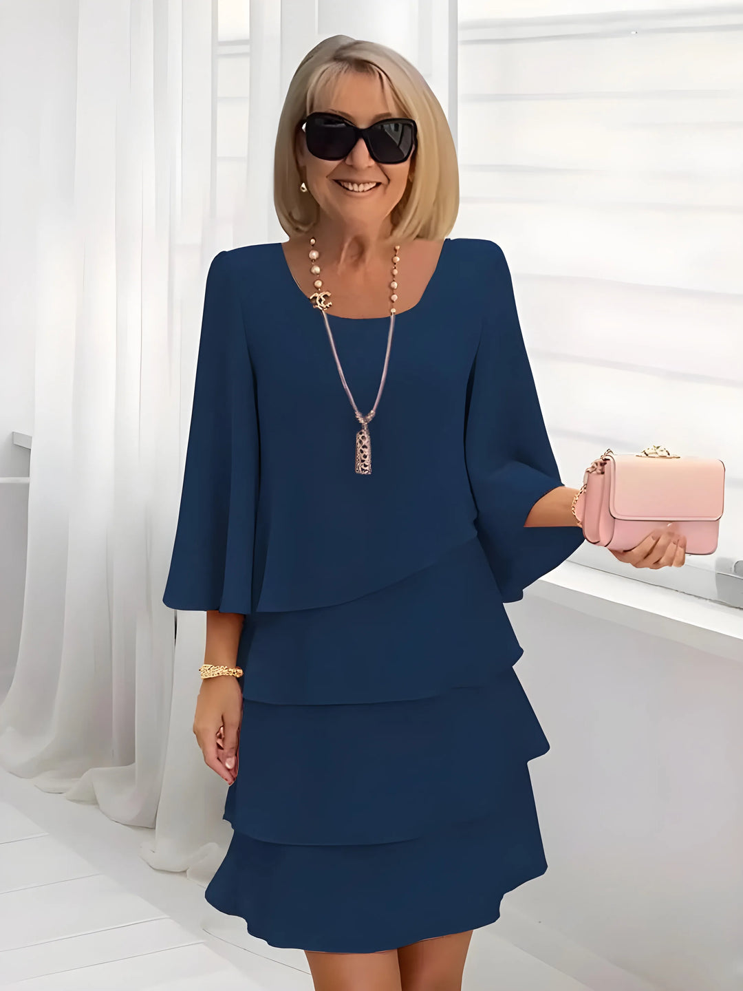 Women's Elegant A-Line Midi Wedding Guest Dress with Bell Sleeves