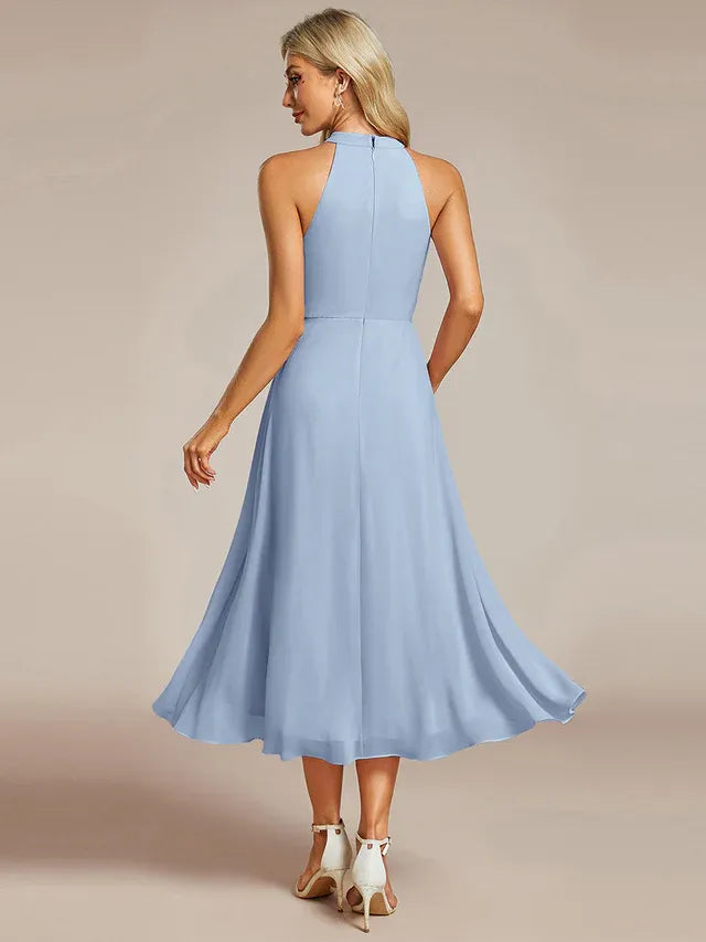 Women's Elegant A-Line Midi Wedding Guest Dress with Halter Neck