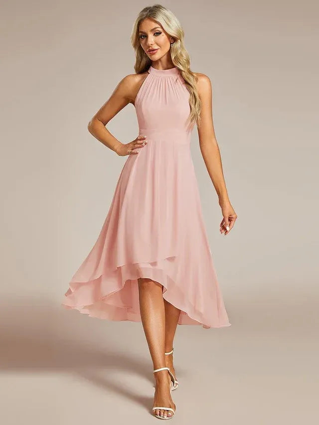 Women's Elegant A-Line Midi Wedding Guest Dress with Halter Neck