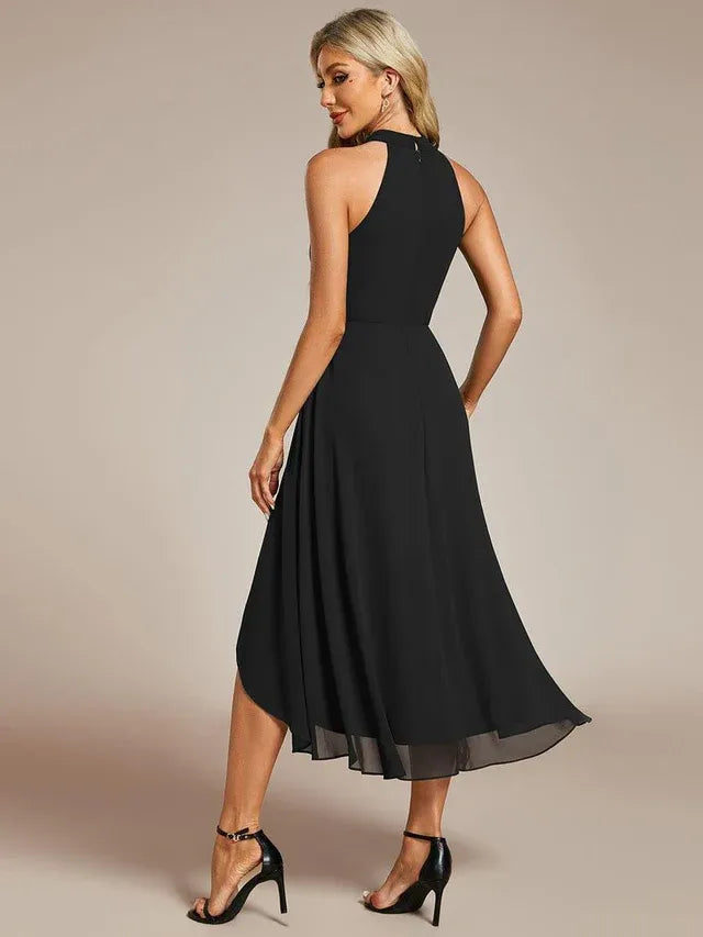 Women's Elegant A-Line Midi Wedding Guest Dress with Halter Neck