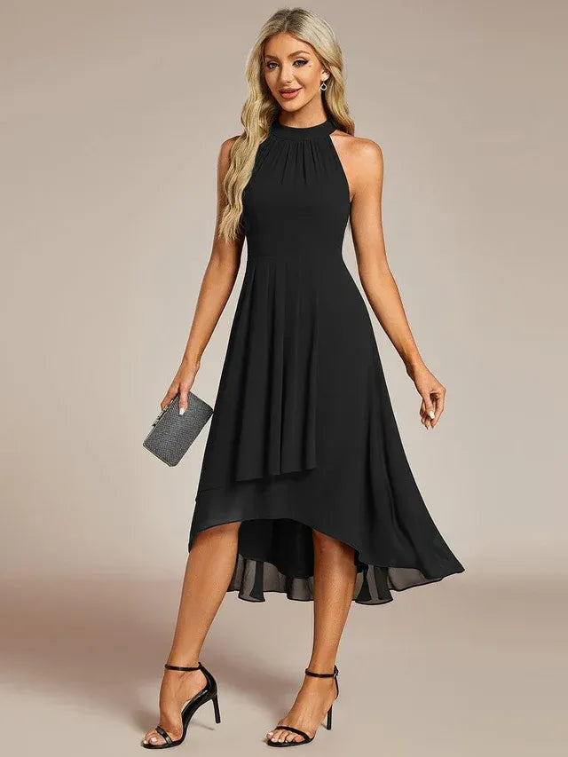 Women's Elegant A-Line Midi Wedding Guest Dress with Halter Neck