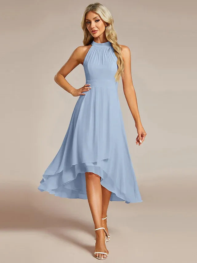 Women's Elegant A-Line Midi Wedding Guest Dress with Halter Neck