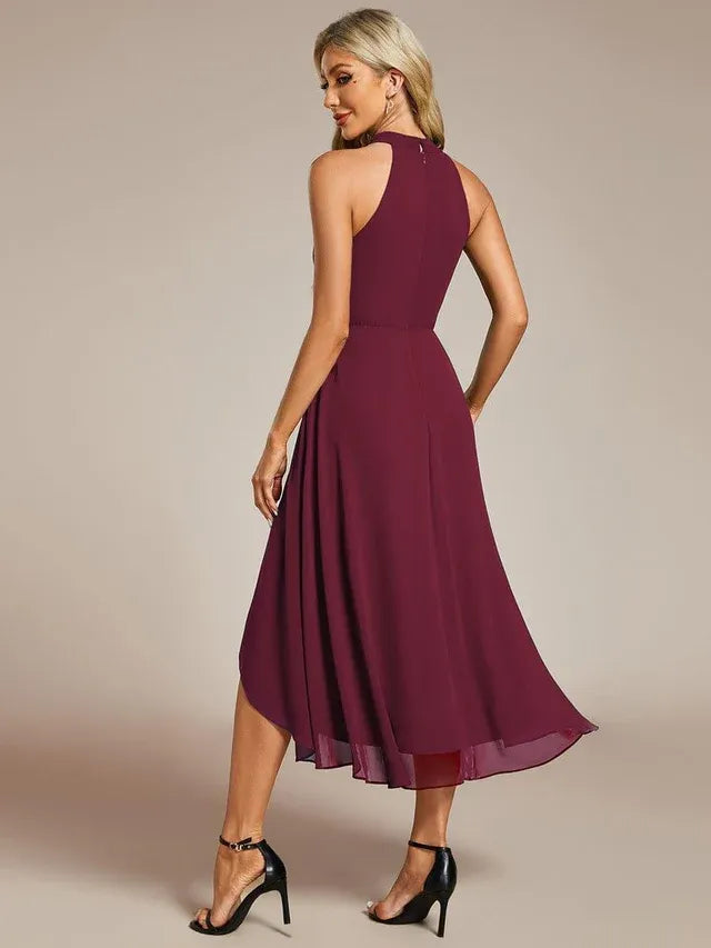 Women's Elegant A-Line Midi Wedding Guest Dress with Halter Neck