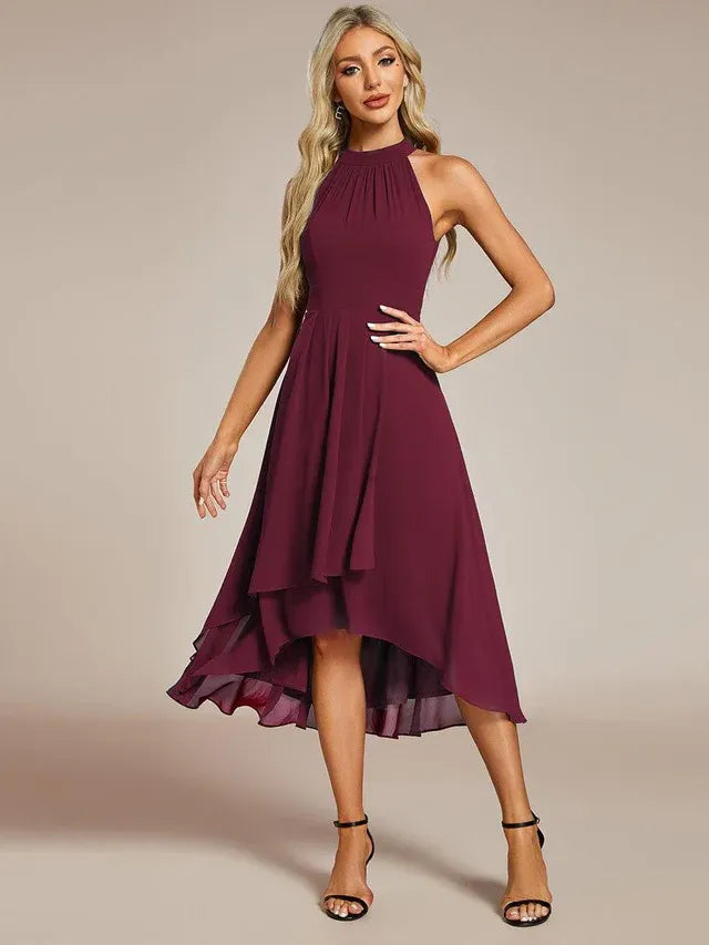 Women's Elegant A-Line Midi Wedding Guest Dress with Halter Neck