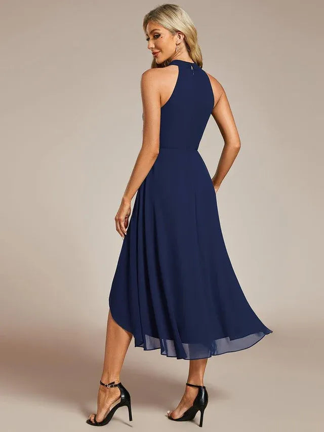 Women's Elegant A-Line Midi Wedding Guest Dress with Halter Neck