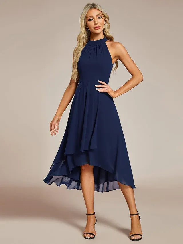 Women's Elegant A-Line Midi Wedding Guest Dress with Halter Neck