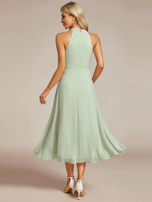 Women's Elegant A-Line Midi Wedding Guest Dress with Halter Neck