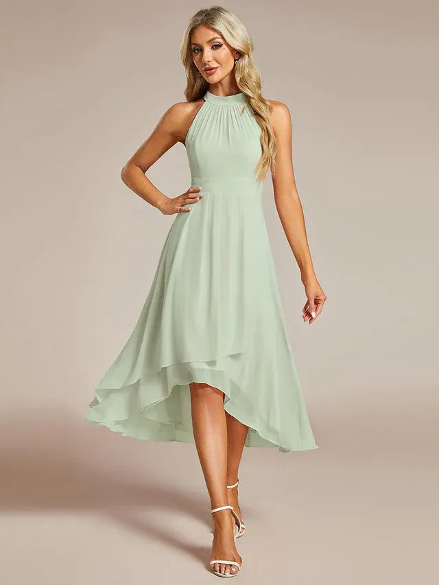 Women's Elegant A-Line Midi Wedding Guest Dress with Halter Neck