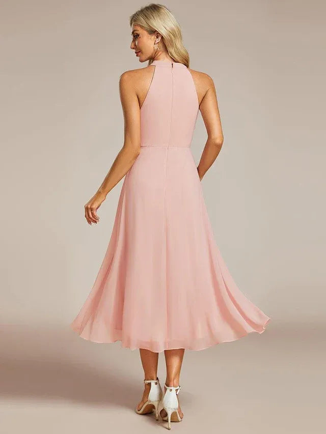 Women's Elegant A-Line Midi Wedding Guest Dress with Halter Neck