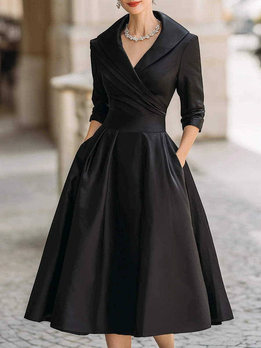 Women's Elegant A-Line Midi Wedding Guest Dress with V-Neck