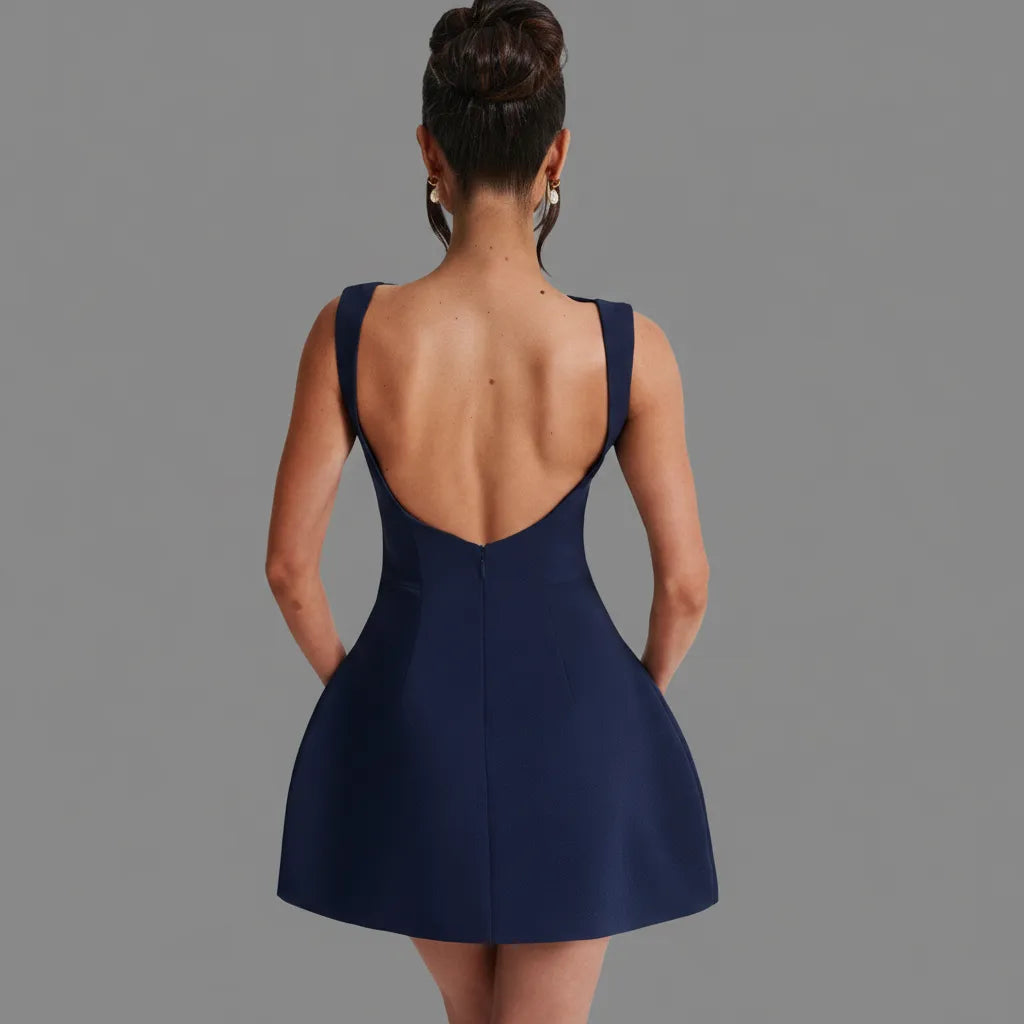 Women's Elegant A-Line Mini Cocktail Dress with Boat Neck and Fitted Bodice