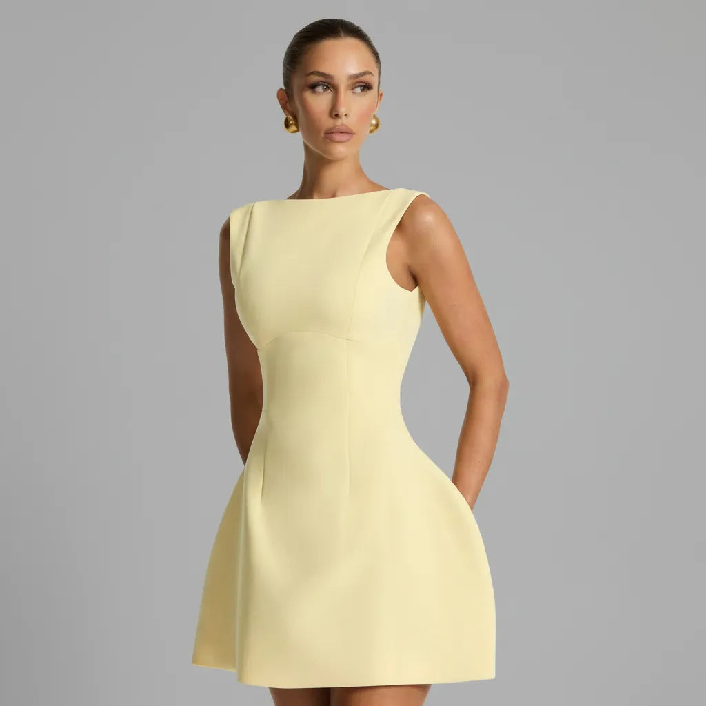 Women's Elegant A-Line Mini Cocktail Dress with Boat Neck and Fitted Bodice