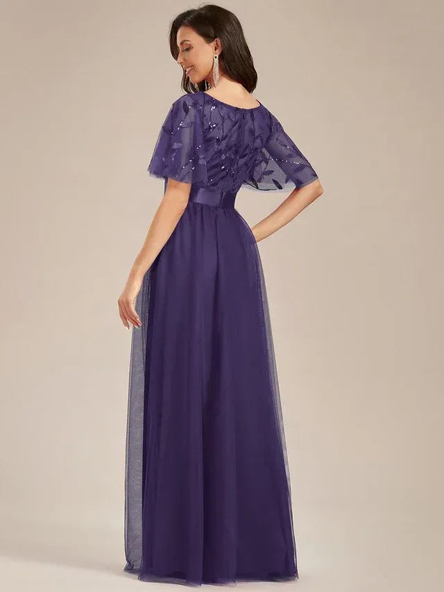 Women's Elegant A-Line Maxi Wedding Guest Dress with Flutter Sleeve
