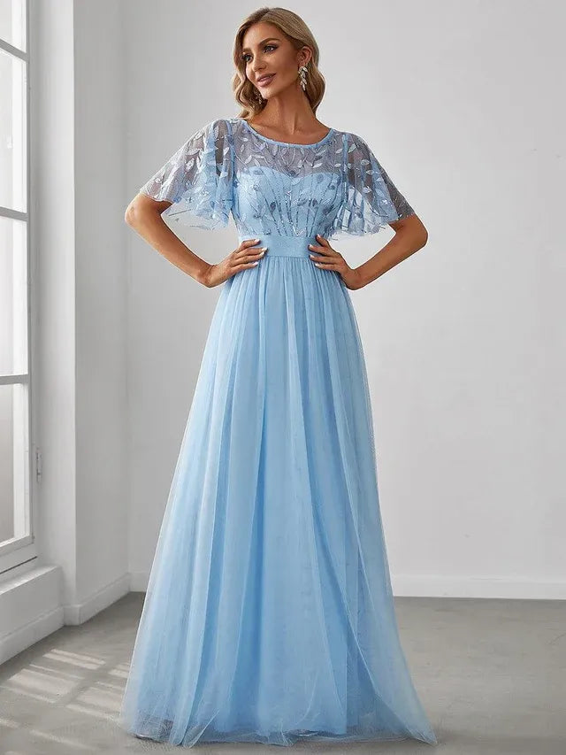 Women's Elegant A-Line Maxi Wedding Guest Dress with Flutter Sleeve
