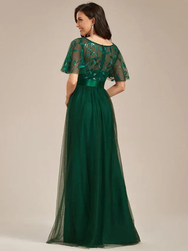 Women's Elegant A-Line Maxi Wedding Guest Dress with Flutter Sleeve