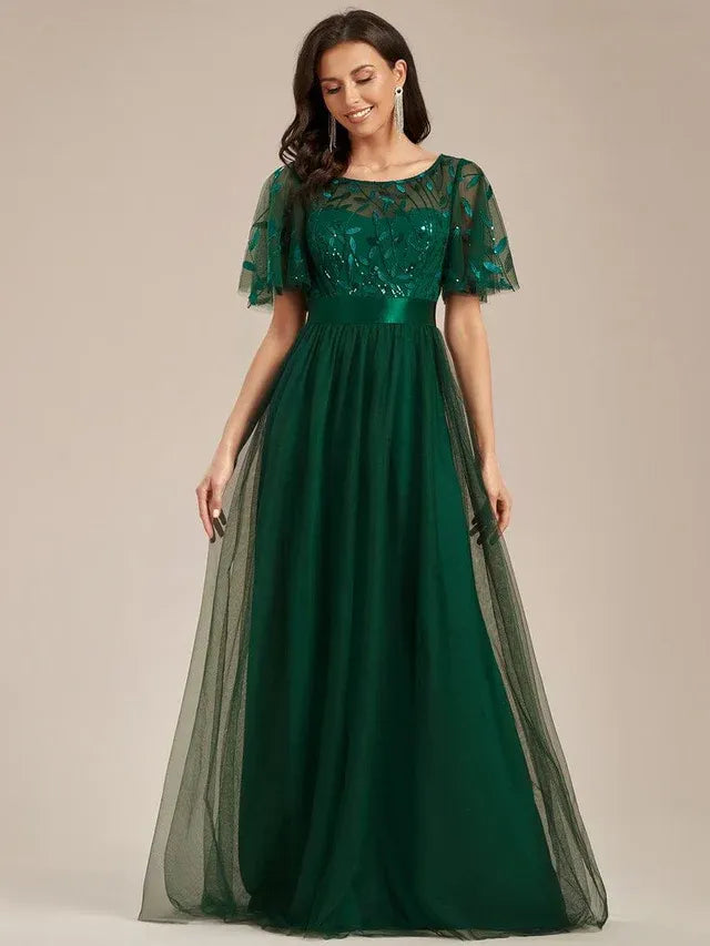 Women's Elegant A-Line Maxi Wedding Guest Dress with Flutter Sleeve
