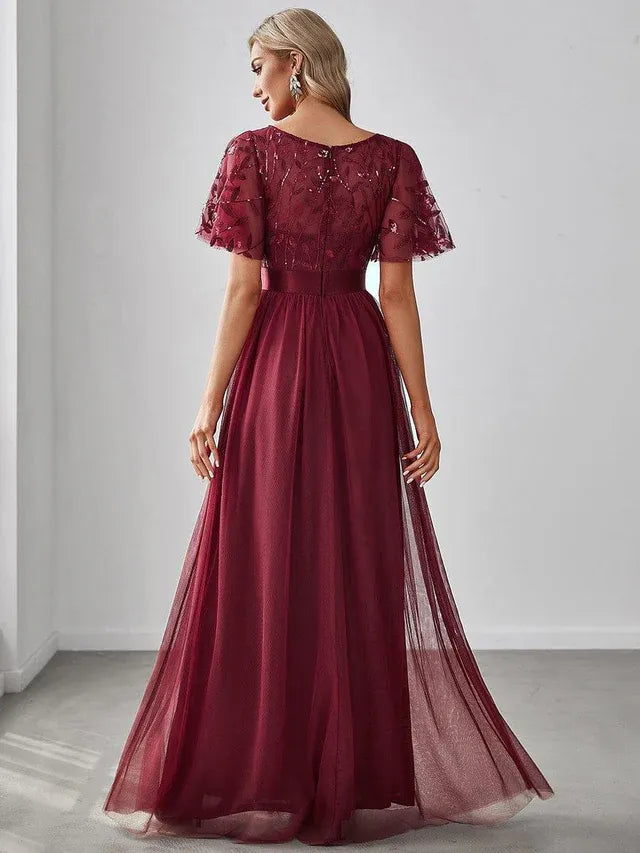 Women's Elegant A-Line Maxi Wedding Guest Dress with Flutter Sleeve