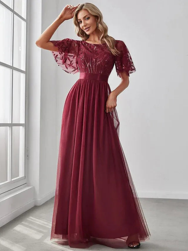 Women's Elegant A-Line Maxi Wedding Guest Dress with Flutter Sleeve