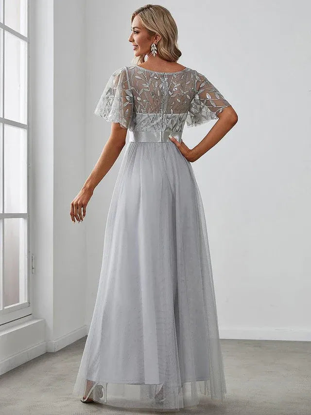 Women's Elegant A-Line Maxi Wedding Guest Dress with Flutter Sleeve