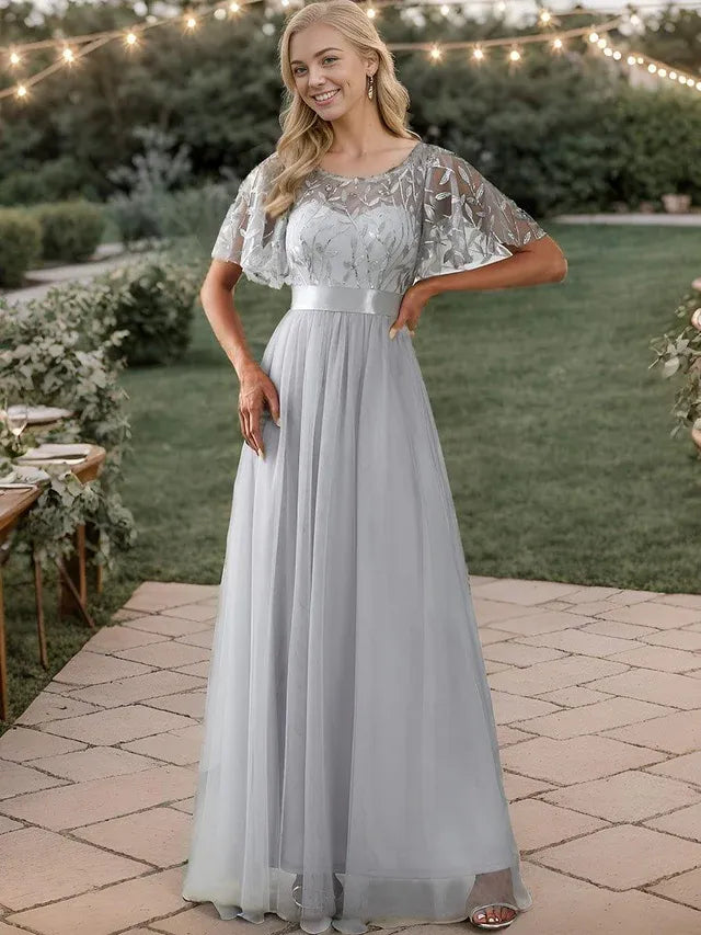 Women's Elegant A-Line Maxi Wedding Guest Dress with Flutter Sleeve