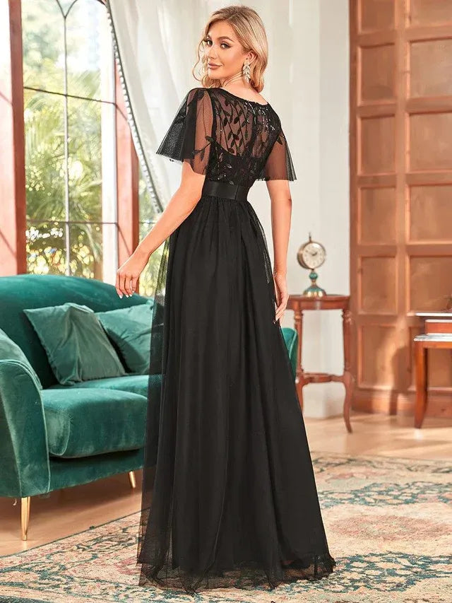 Women's Elegant A-Line Maxi Wedding Guest Dress with Flutter Sleeve