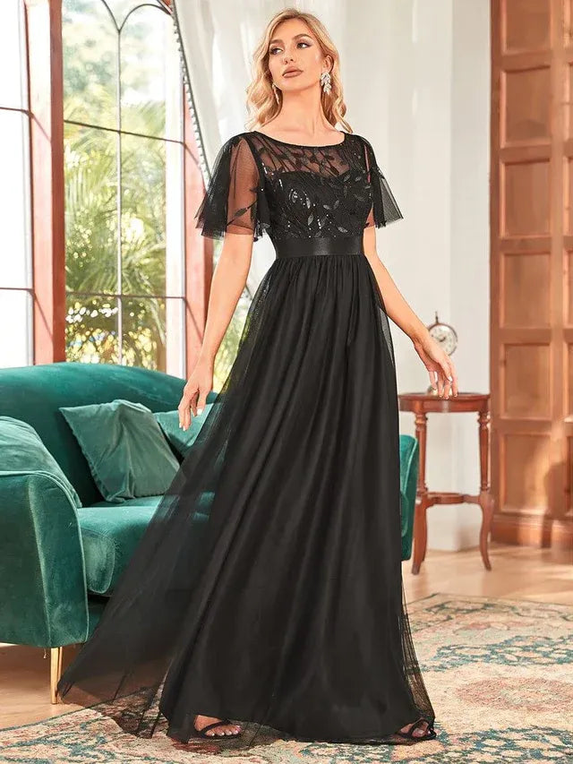 Women's Elegant A-Line Maxi Wedding Guest Dress with Flutter Sleeve