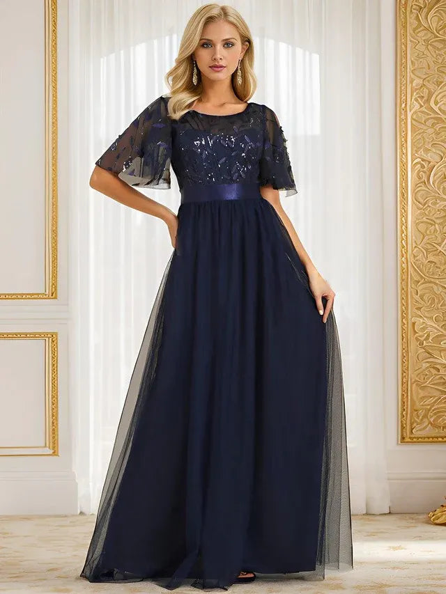 Women's Elegant A-Line Maxi Wedding Guest Dress with Flutter Sleeve