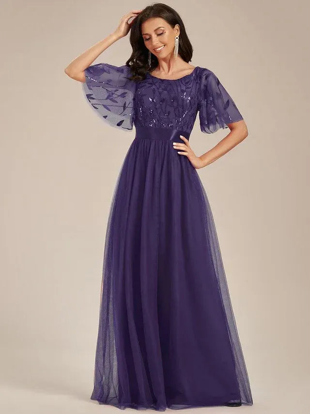Women's Elegant A-Line Maxi Wedding Guest Dress with Flutter Sleeve