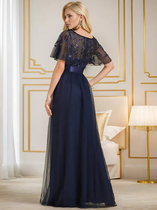 Women's Elegant A-Line Maxi Wedding Guest Dress with Flutter Sleeve
