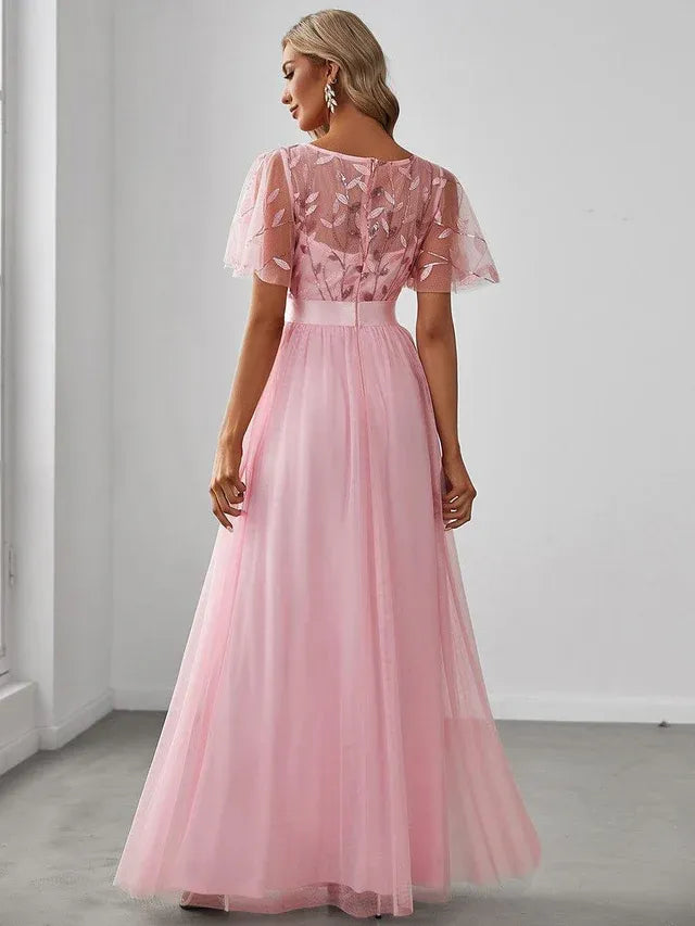 Women's Elegant A-Line Maxi Wedding Guest Dress with Flutter Sleeve