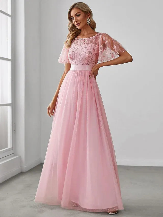 Women's Elegant A-Line Maxi Wedding Guest Dress with Flutter Sleeve