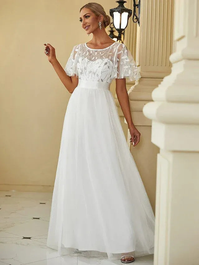 Women's Elegant A-Line Maxi Wedding Guest Dress with Flutter Sleeve