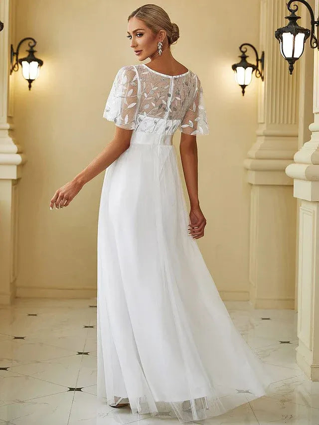 Women's Elegant A-Line Maxi Wedding Guest Dress with Flutter Sleeve
