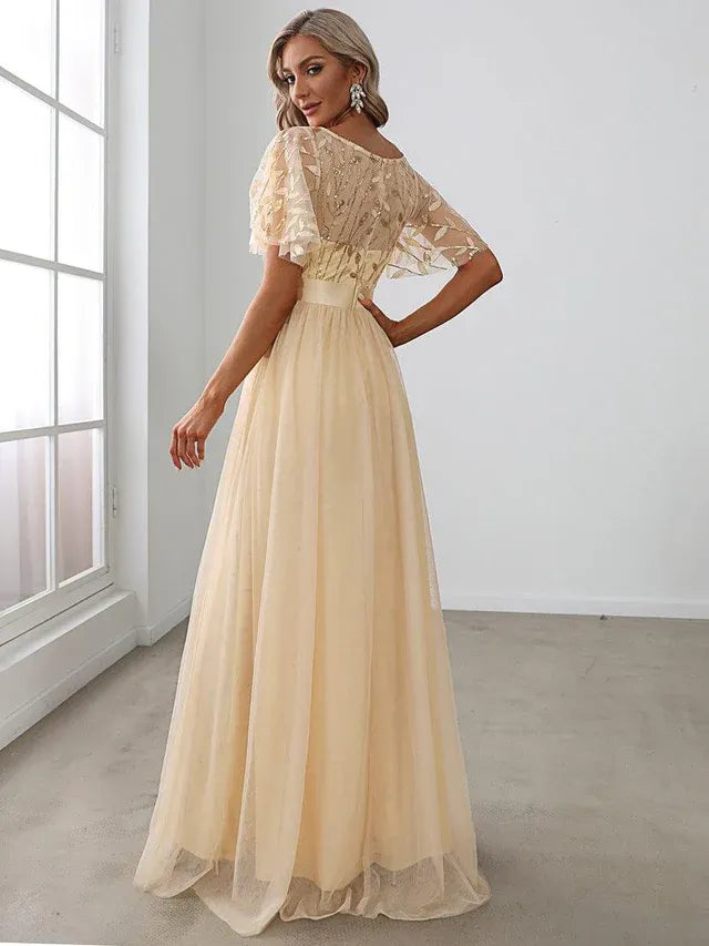 Women's Elegant A-Line Maxi Wedding Guest Dress with Flutter Sleeve