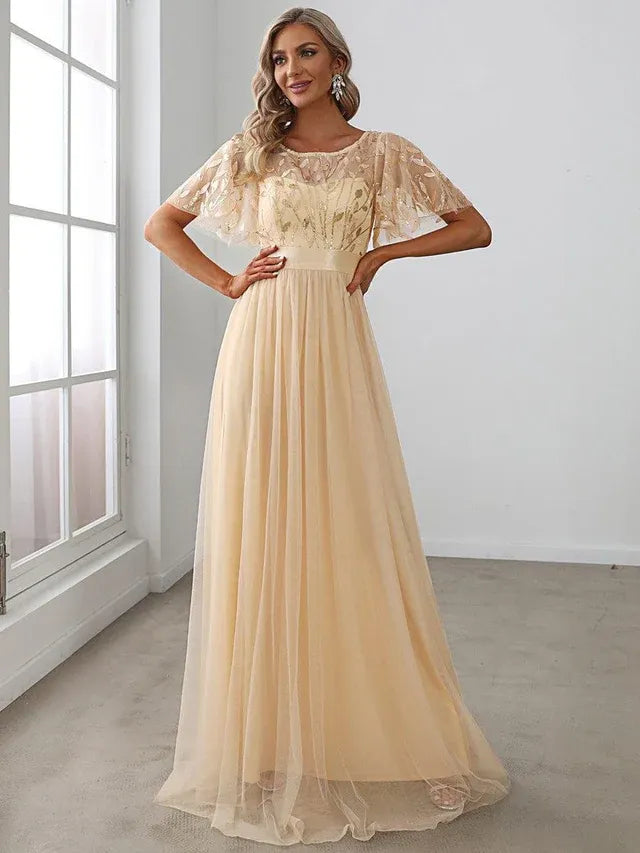 Women's Elegant A-Line Maxi Wedding Guest Dress with Flutter Sleeve