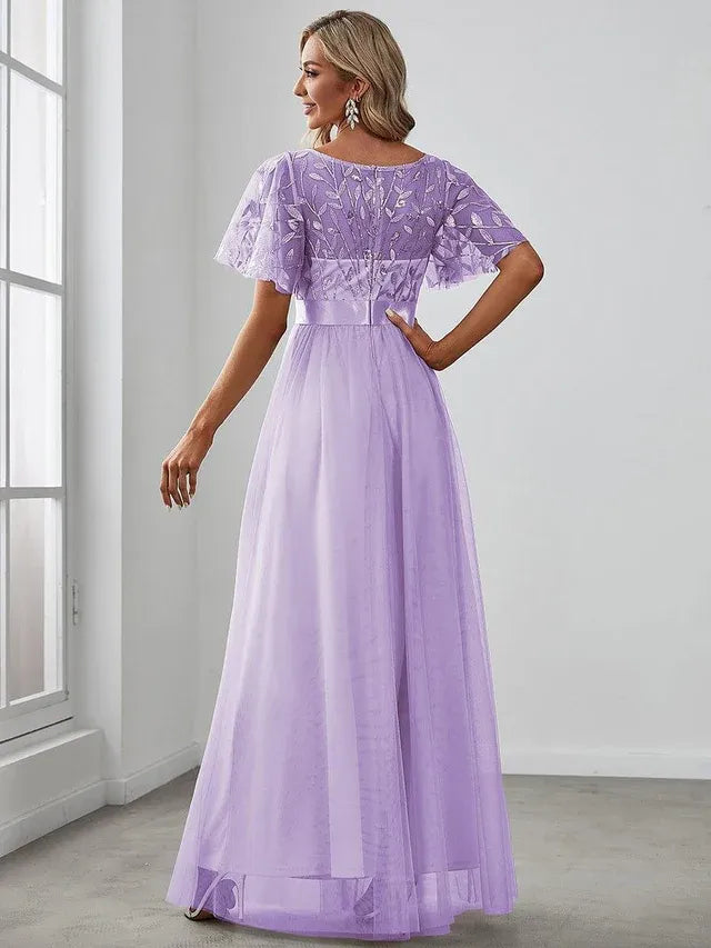 Women's Elegant A-Line Maxi Wedding Guest Dress with Flutter Sleeve