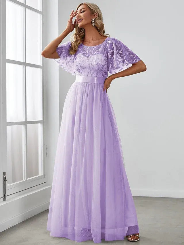 Women's Elegant A-Line Maxi Wedding Guest Dress with Flutter Sleeve