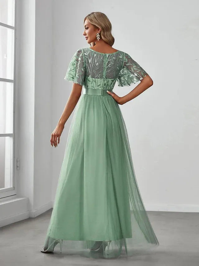 Women's Elegant A-Line Maxi Wedding Guest Dress with Flutter Sleeve
