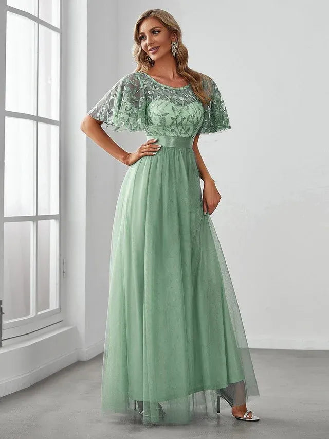 Women's Elegant A-Line Maxi Wedding Guest Dress with Flutter Sleeve