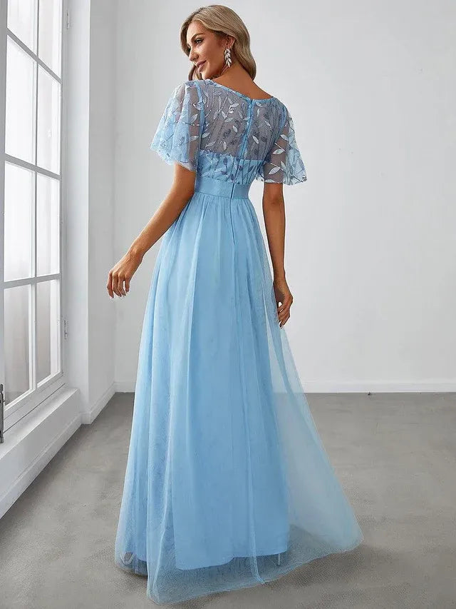 Women's Elegant A-Line Maxi Wedding Guest Dress with Flutter Sleeve
