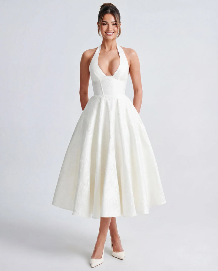 Women's Elegant Backless Mini Cocktail Dress with Bell Sleeve