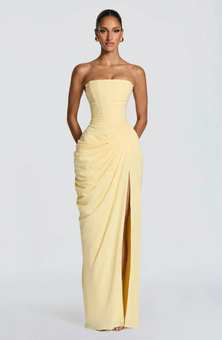 Women's Elegant Bodycon Maxi Wedding Guest Dress with Ruched Detai