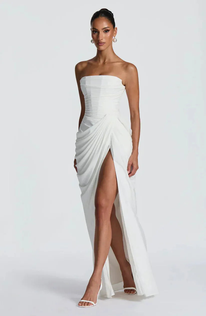 Women's Elegant Bodycon Maxi Wedding Guest Dress with Ruched Detai