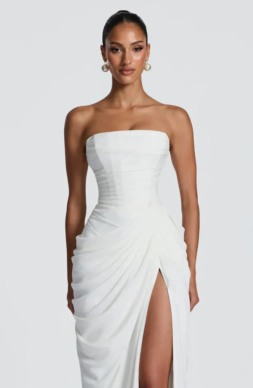 Women's Elegant Bodycon Maxi Wedding Guest Dress with Ruched Detai