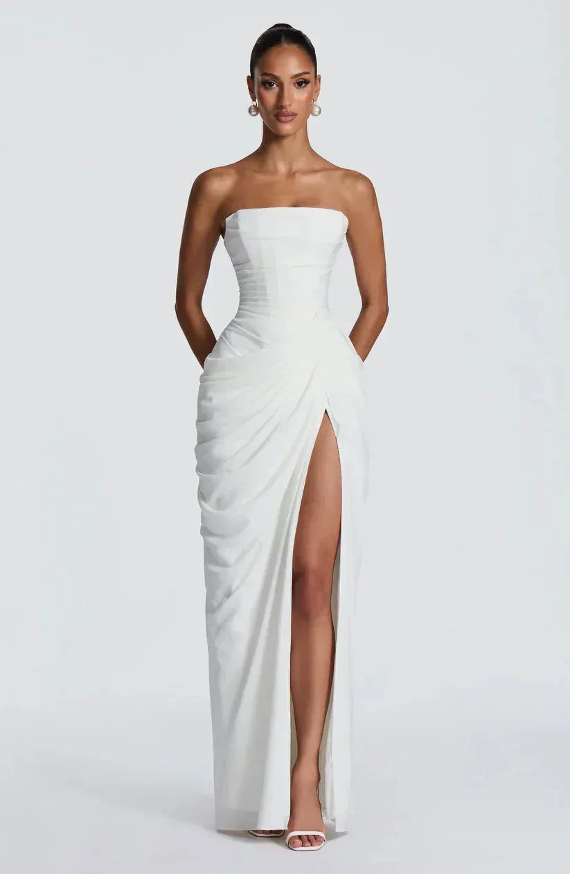 Women's Elegant Bodycon Maxi Wedding Guest Dress with Ruched Detai