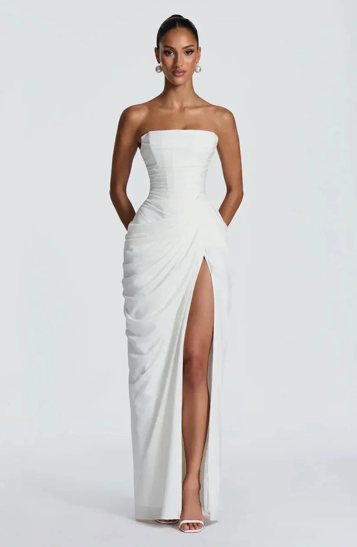 Women's Elegant Bodycon Maxi Wedding Guest Dress with Ruched Detai