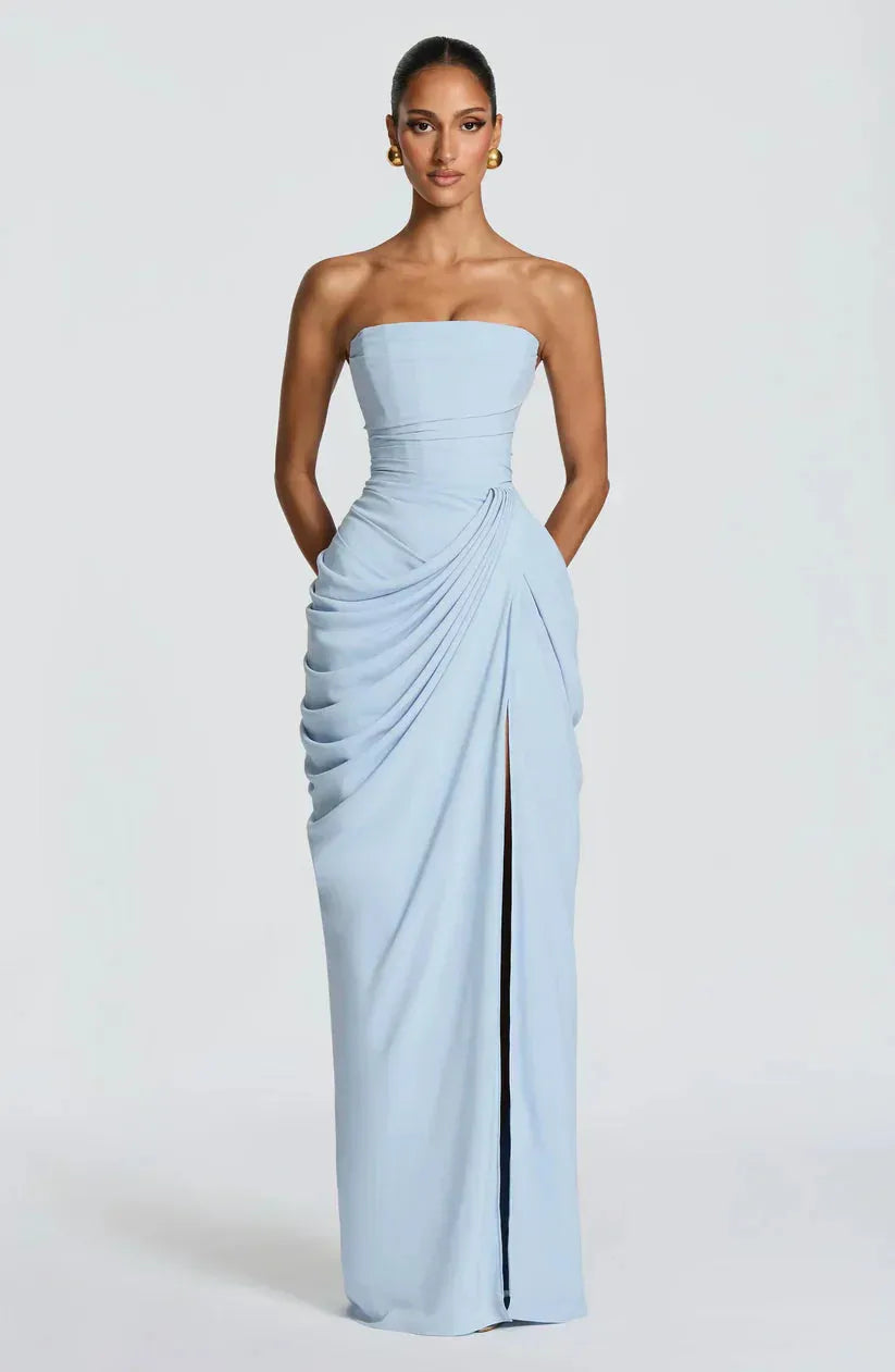 Women's Elegant Bodycon Maxi Wedding Guest Dress with Ruched Detai