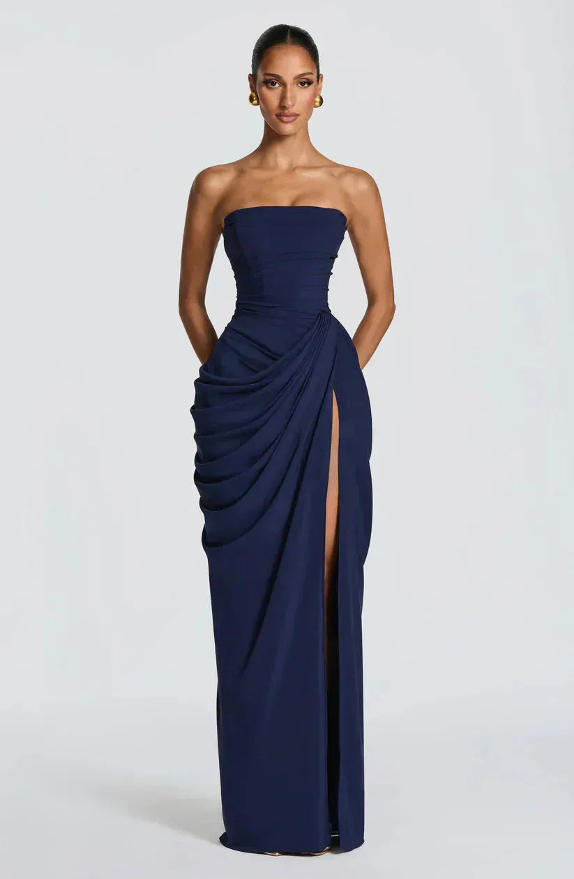 Women's Elegant Bodycon Maxi Wedding Guest Dress with Ruched Detai