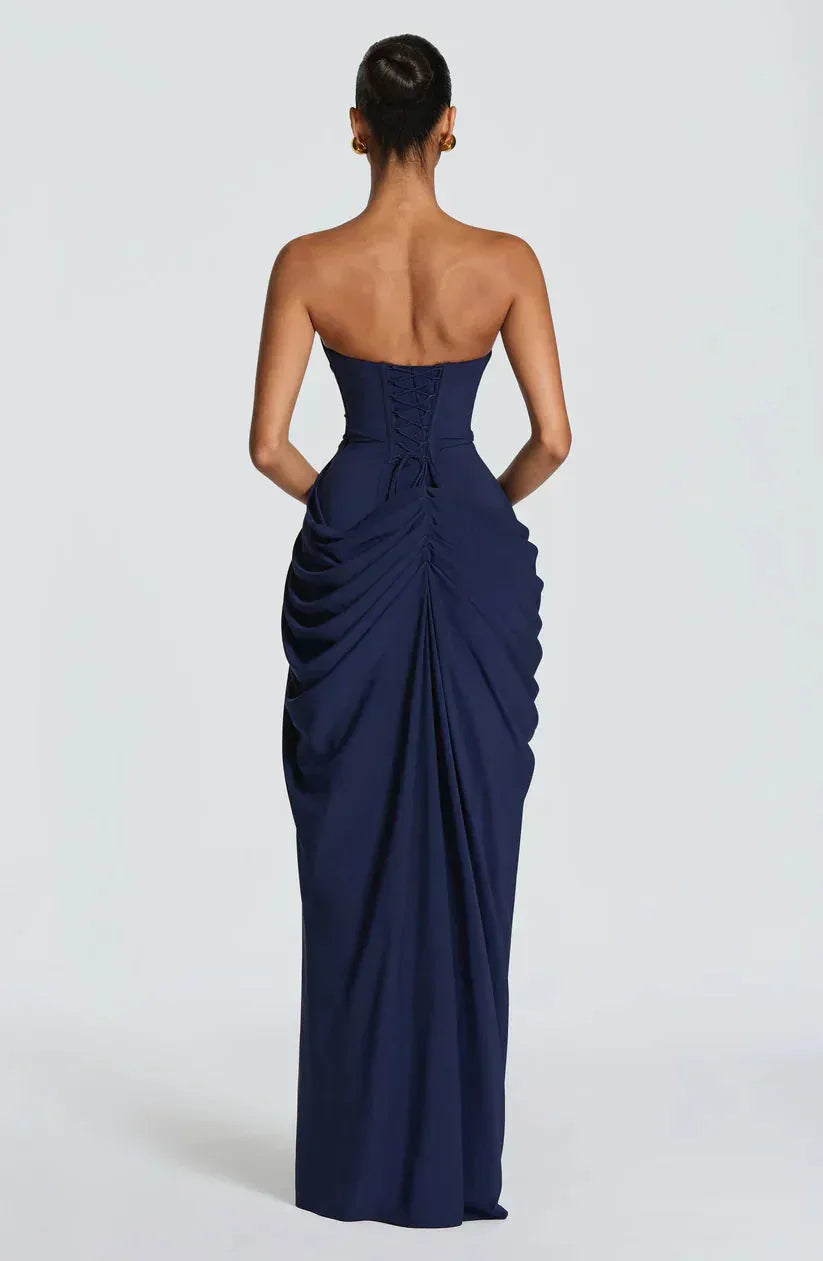 Women's Elegant Bodycon Maxi Wedding Guest Dress with Ruched Detai